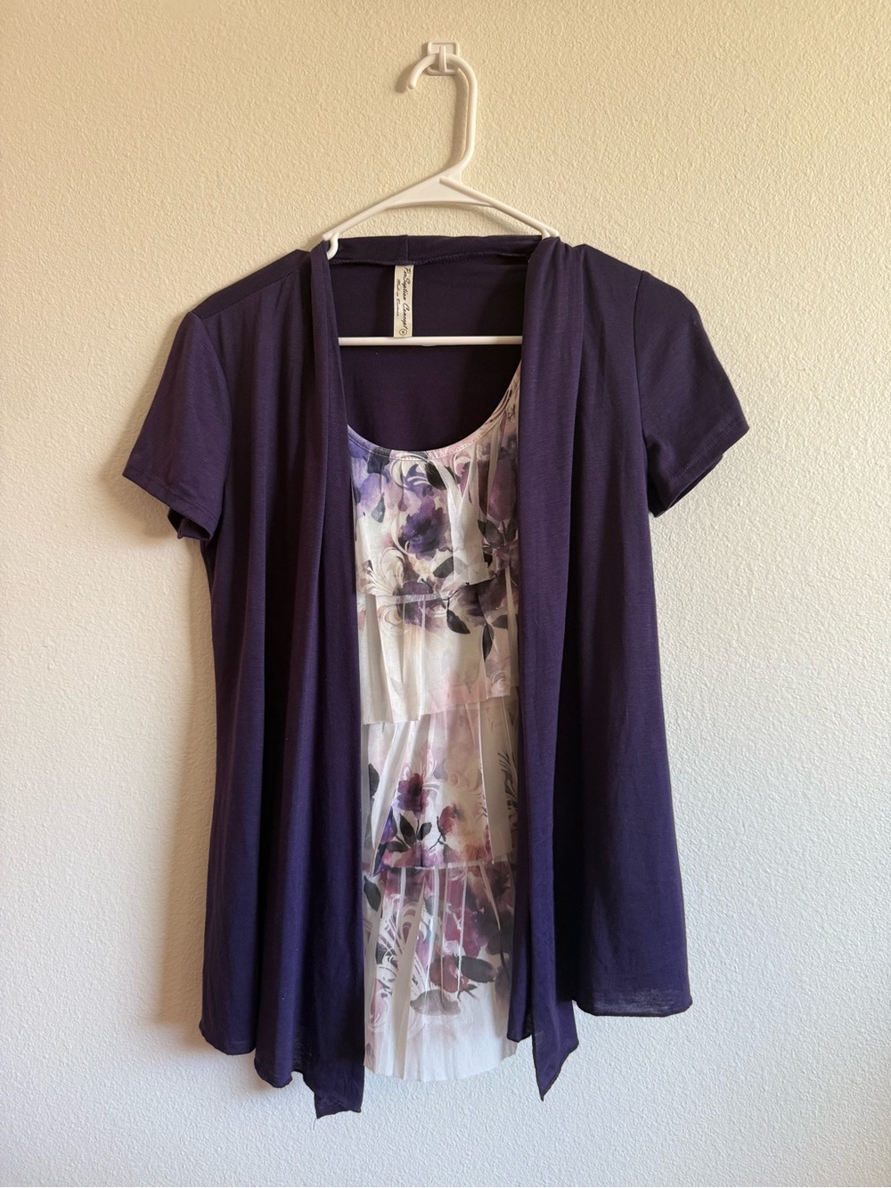 PerSeption Concept Purple Open-Front Tunic with Floral Pleated Shell